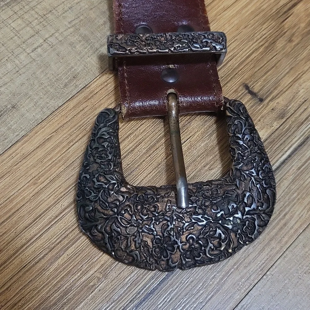 AXCESS Brown Embossed Floral Leather Belt Ornate Buckle & Tongue End
